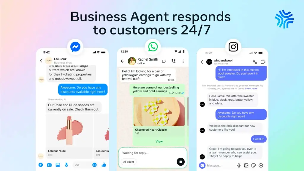 screenshots of Meta Business agent in Whatsapp, Instagram and Messenger